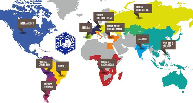 Carte des régions de l'Association des Salésiens Coopérateurs dans le monde